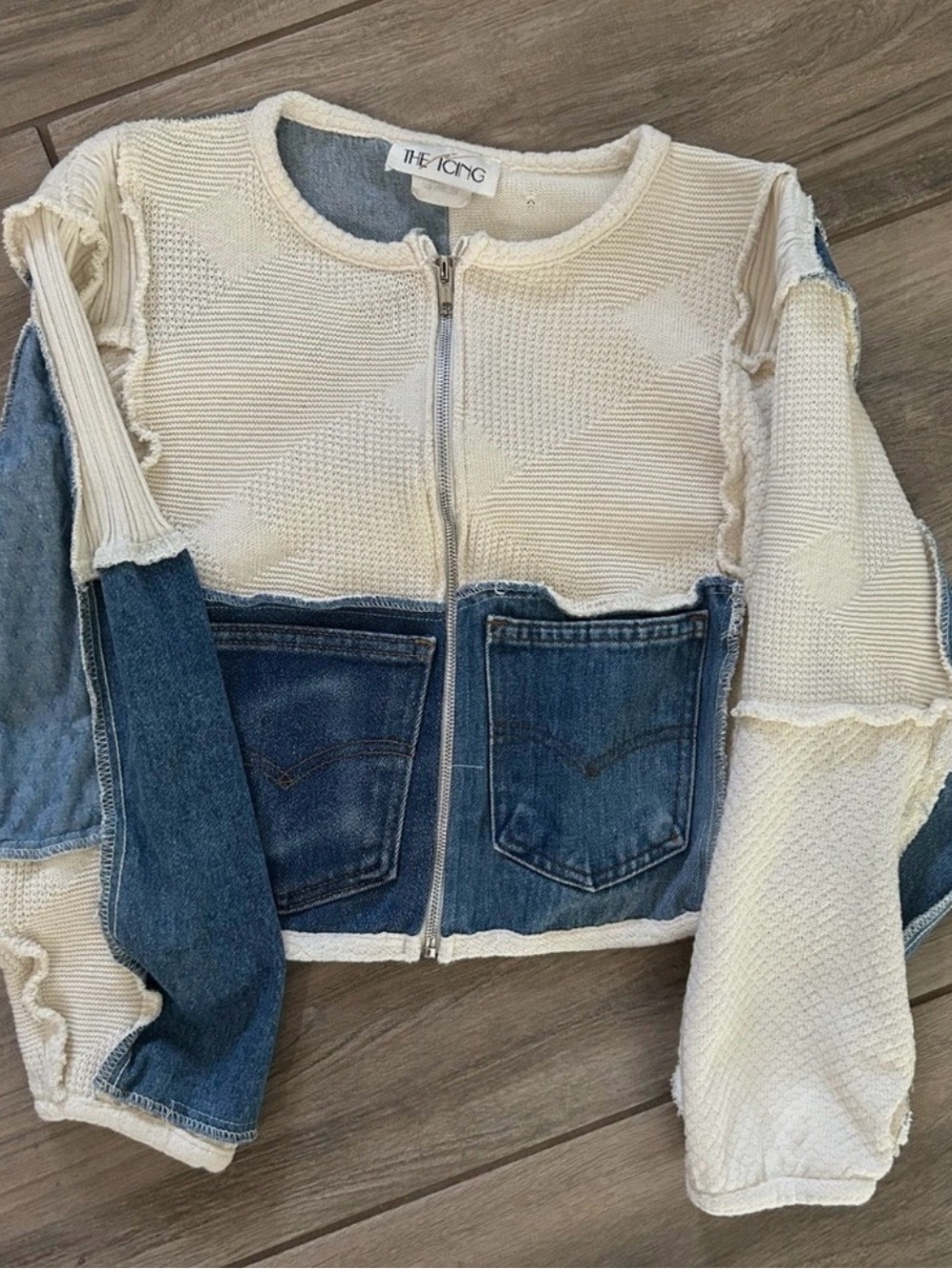 Vintage Mixed Media The Icing Cream & Denim Patchwork Zip Front Jacket Sz 2